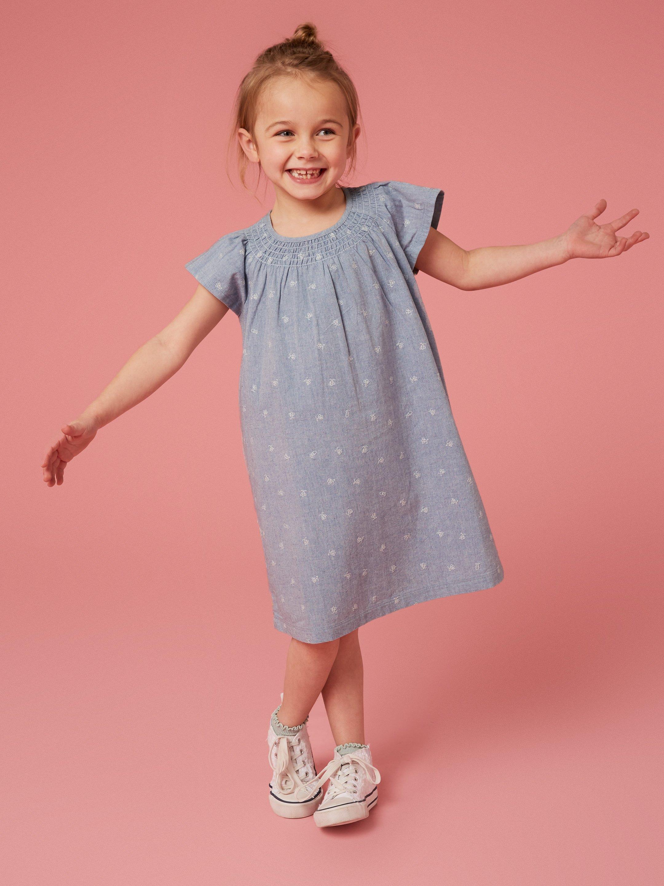 Chambray Frill Dress in CHAMB BLUE - MODEL FRONT