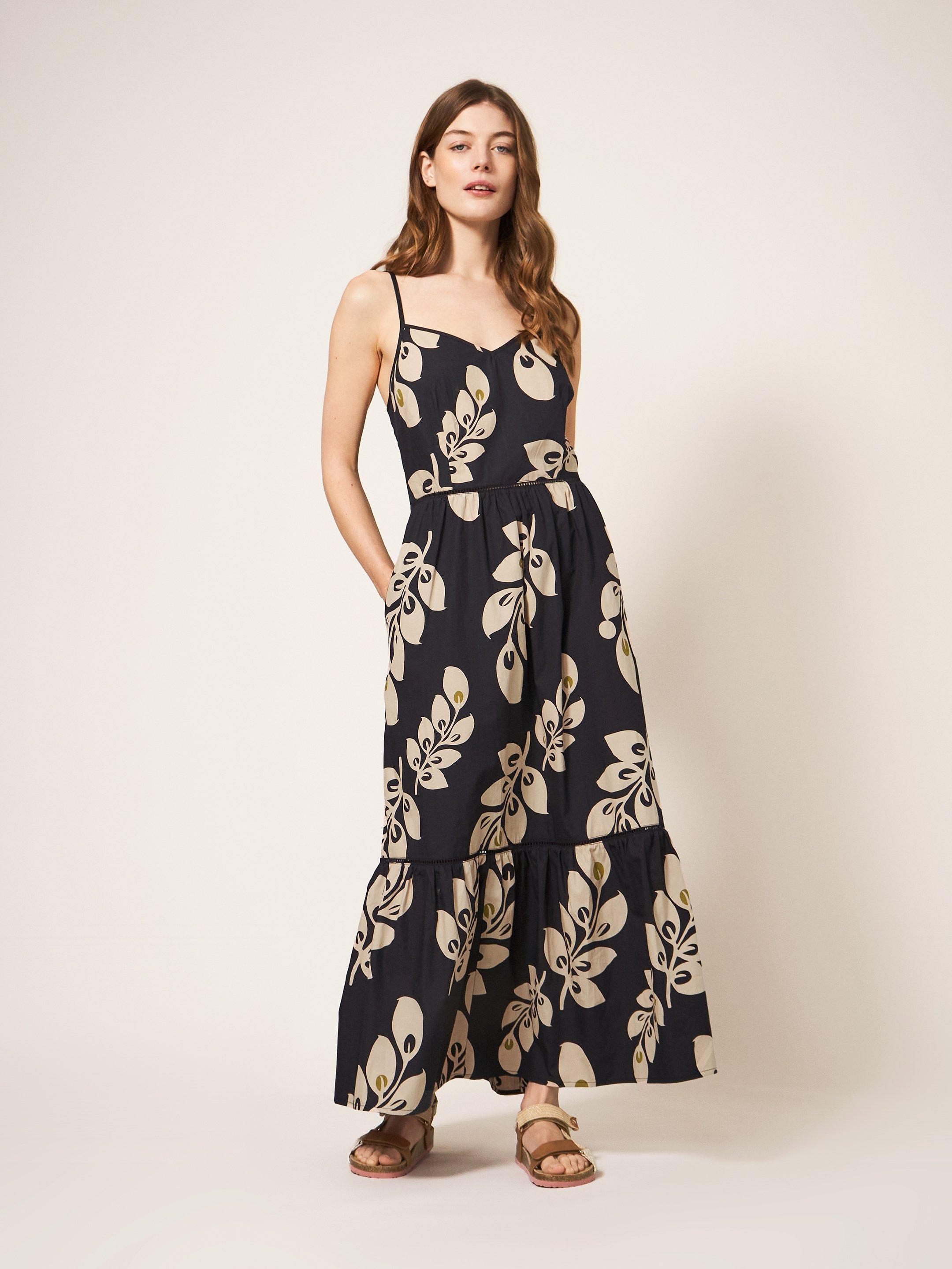 Skylar Cotton Maxi Dress in BLK MLT - MODEL FRONT