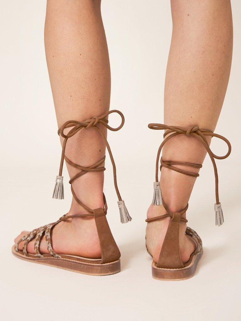 Plaited Leather Sandal Tie Leg in MID TAN - MODEL FRONT