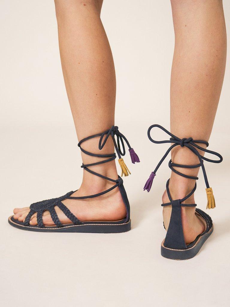 Plaited Leather Sandal Tie Leg in PURE BLK - MODEL FRONT