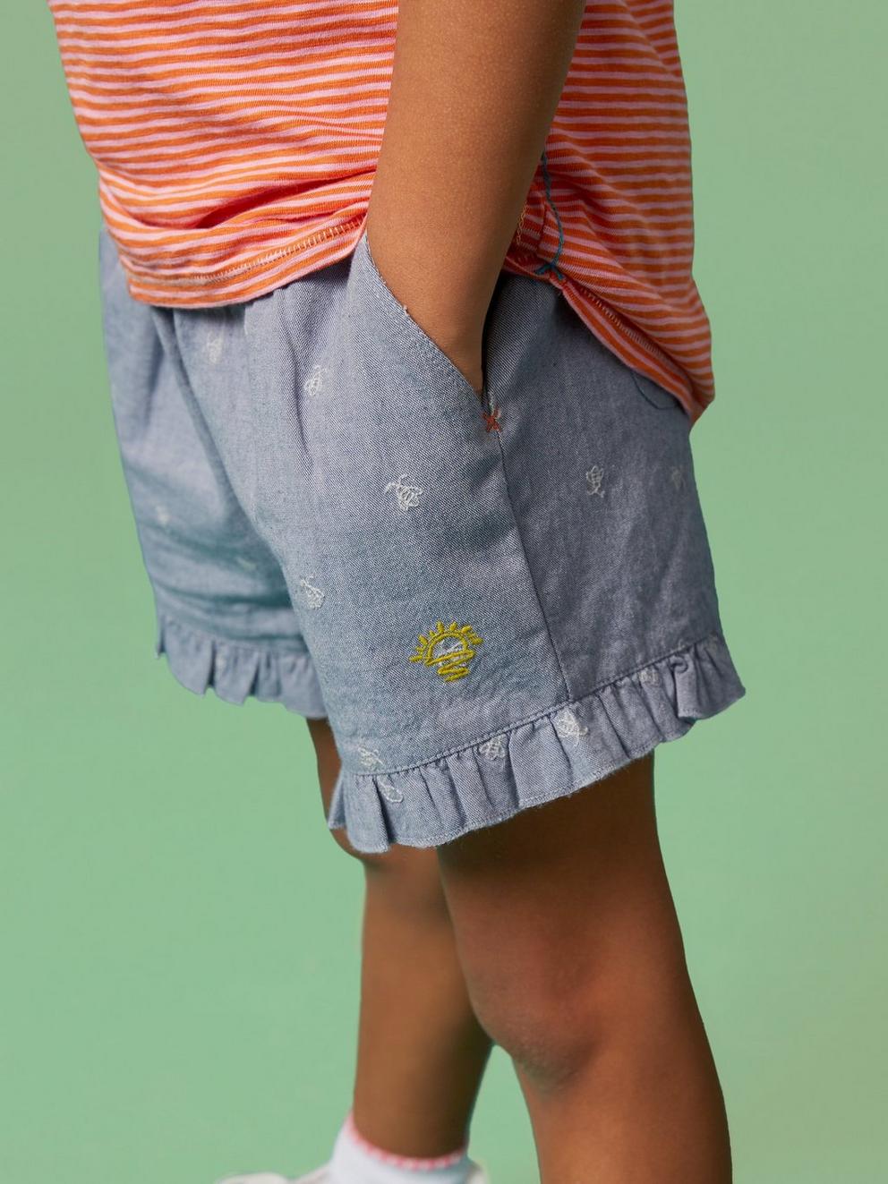 Chambray Frills short in CHAMB BLUE - MODEL DETAIL