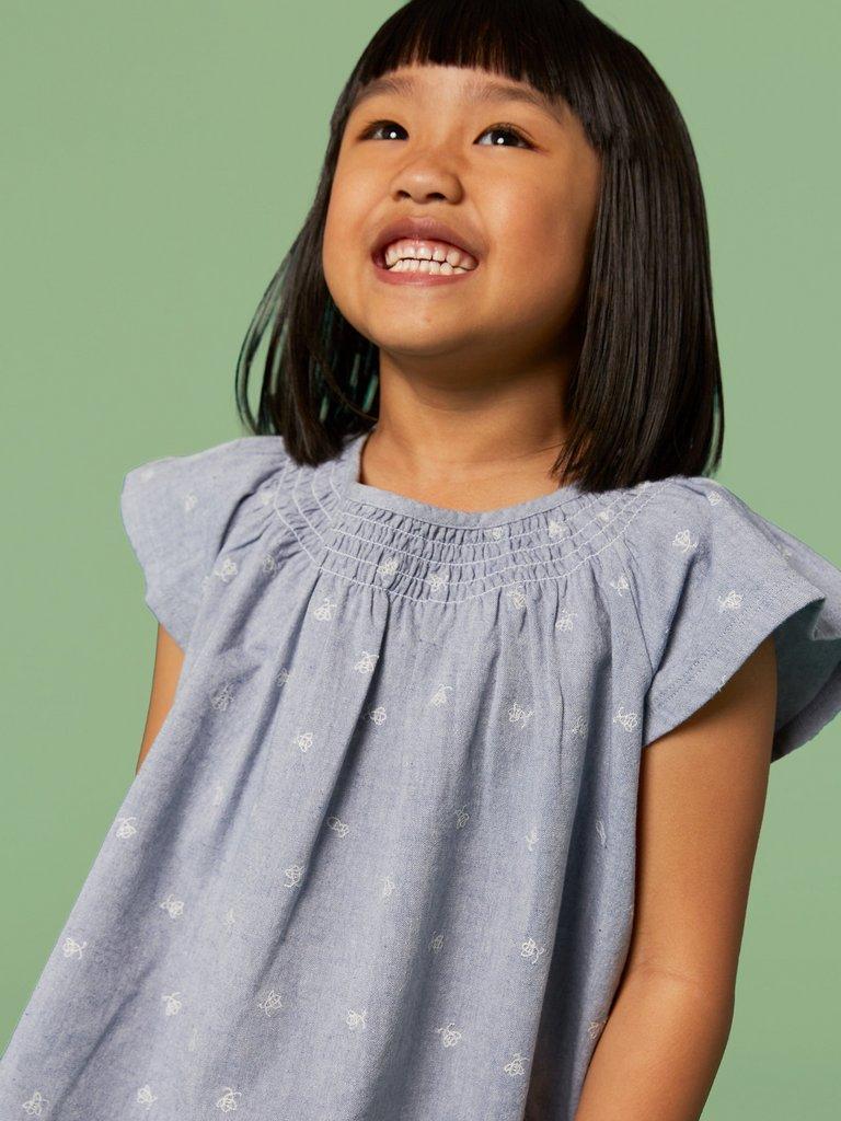 Chambray Frill top in CHAMB BLUE - MODEL DETAIL