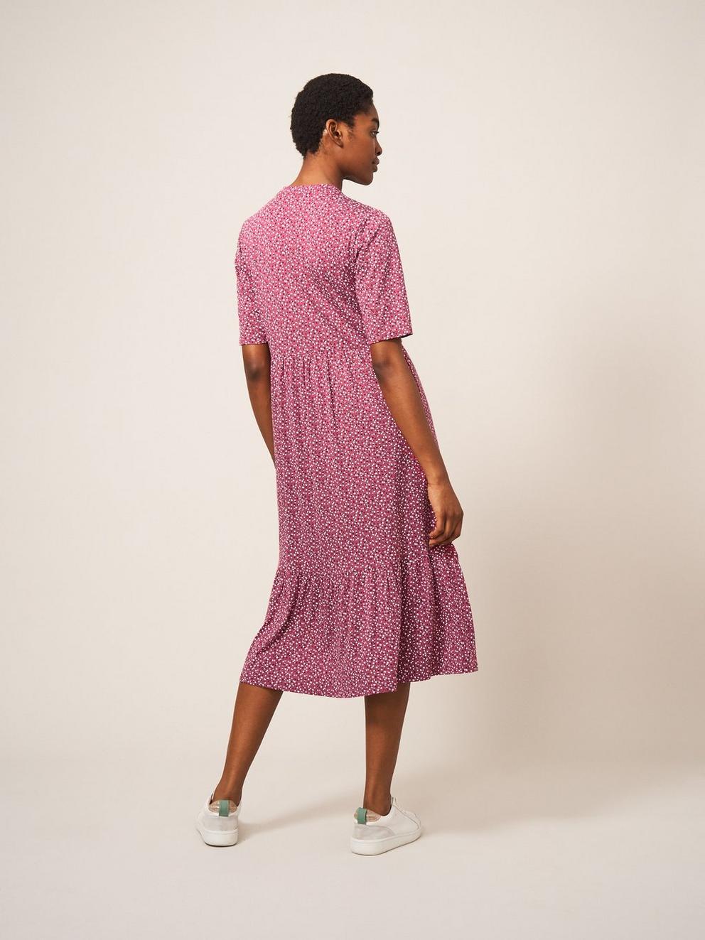 Naya Short Sleeve Jersey Dress in PLUM MLT - MODEL BACK