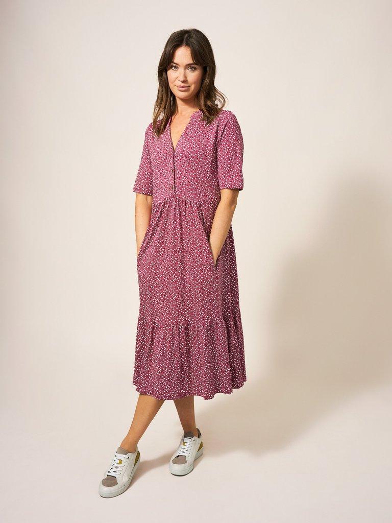 Naya Short Sleeve Jersey Dress in PLUM MLT - MODEL FRONT