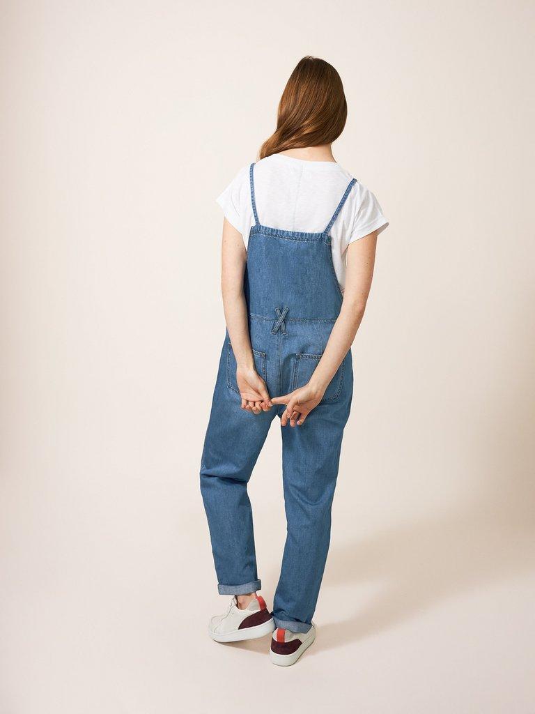 Strappy Cotton Linen Dungaree in LGT DENIM - MODEL BACK