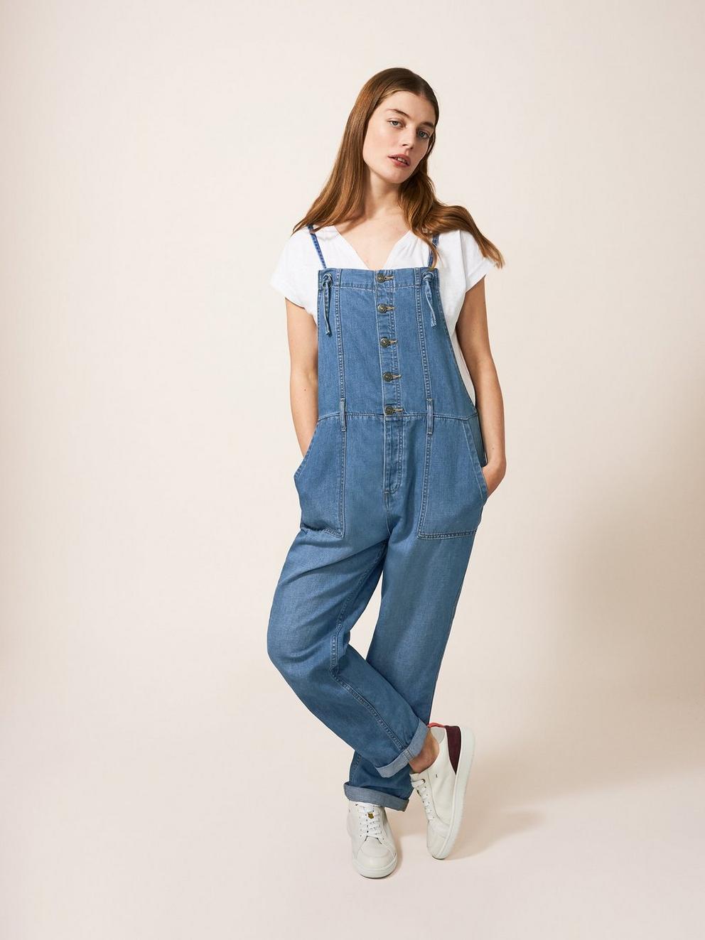 Strappy Cotton Linen Dungaree in LGT DENIM - MODEL FRONT