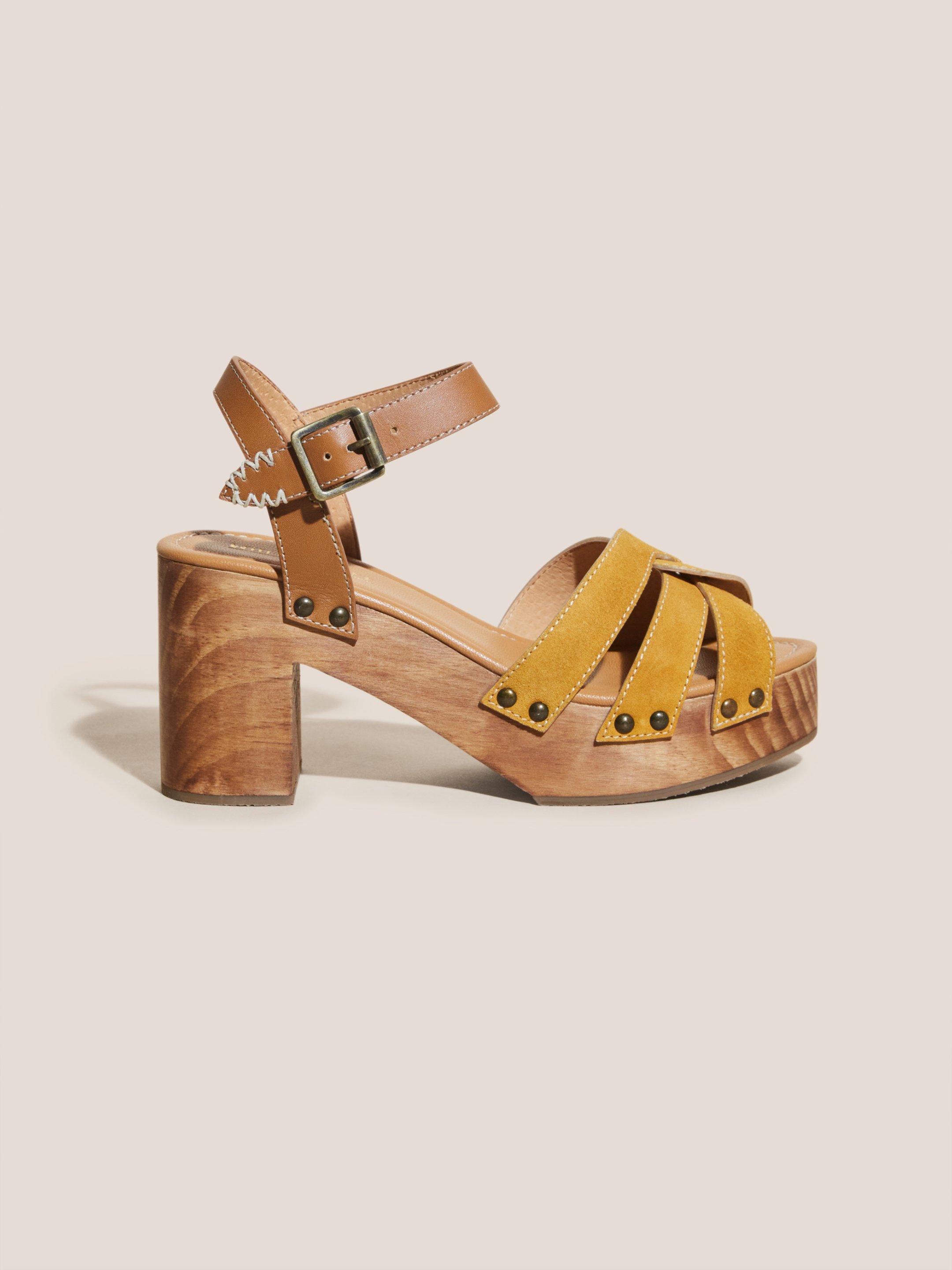 Twist Leather High Clog Sandal in MID YELLOW - MODEL FRONT