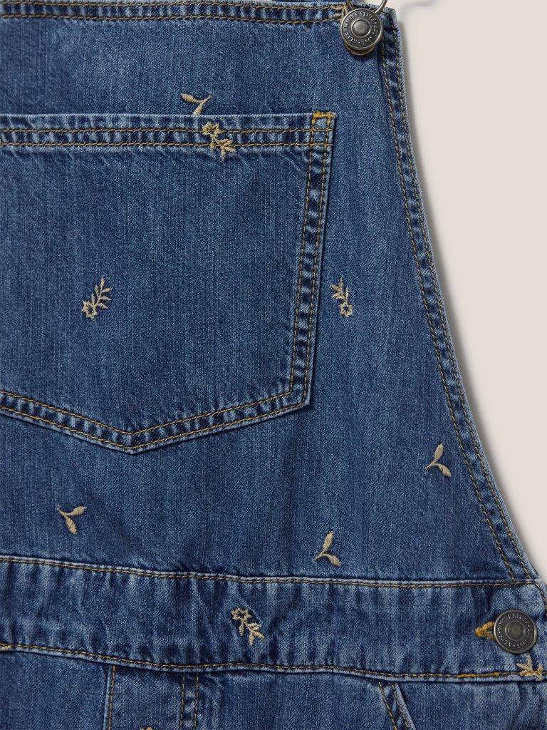 Embroidered Crop Dungaree in MID DENIM - FLAT DETAIL
