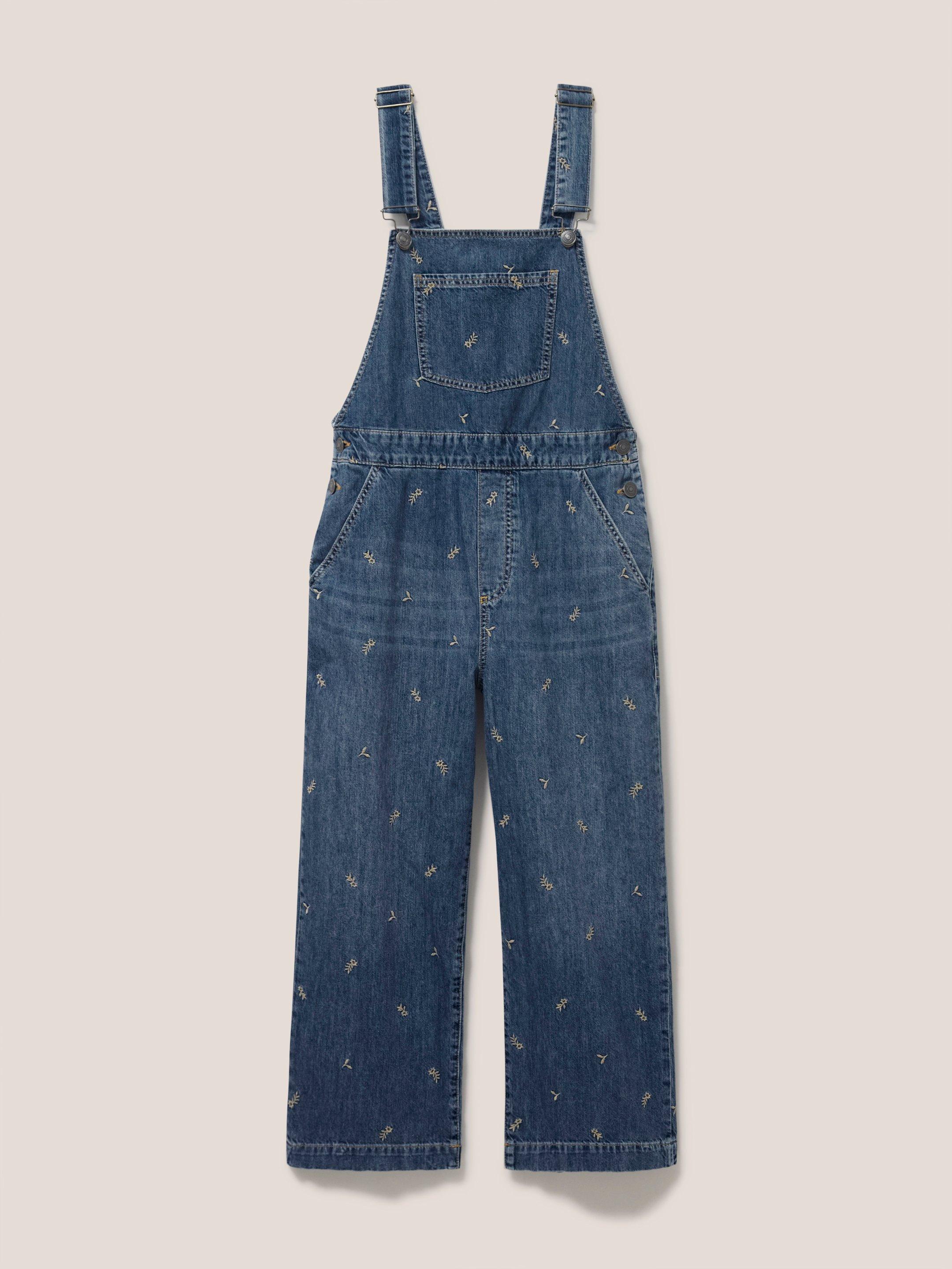 Embroidered Crop Dungaree in MID DENIM - FLAT FRONT