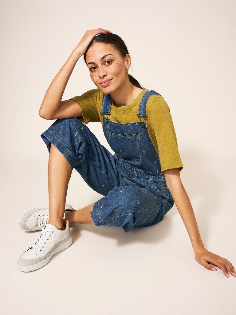 Embroidered Crop Dungaree in MID DENIM - LIFESTYLE