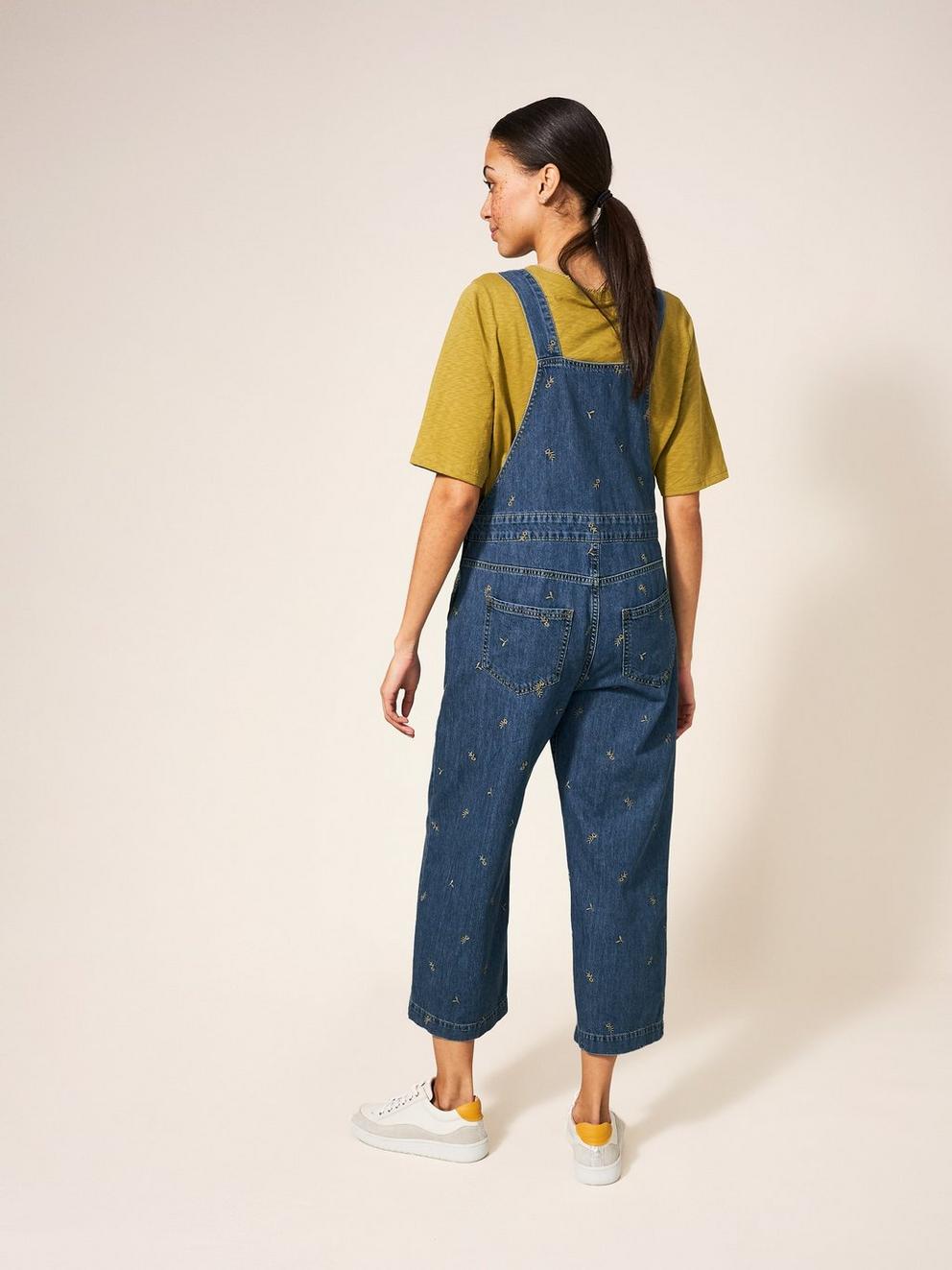 Embroidered Crop Dungaree in MID DENIM - MODEL BACK