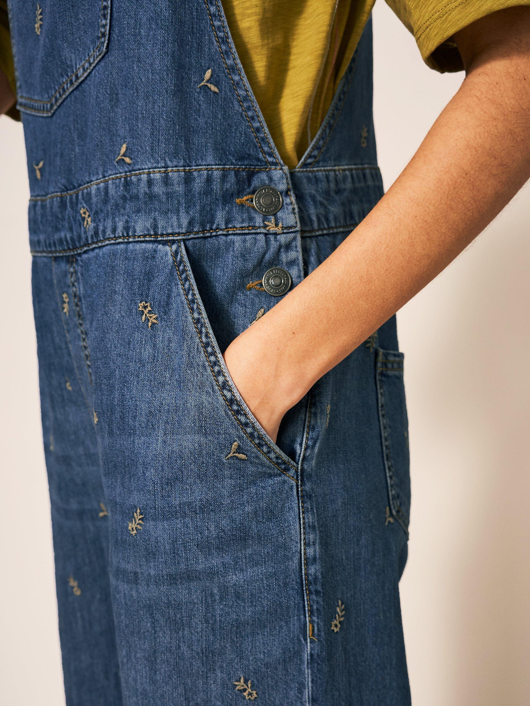 Embroidered Crop Dungaree in MID DENIM - MODEL DETAIL