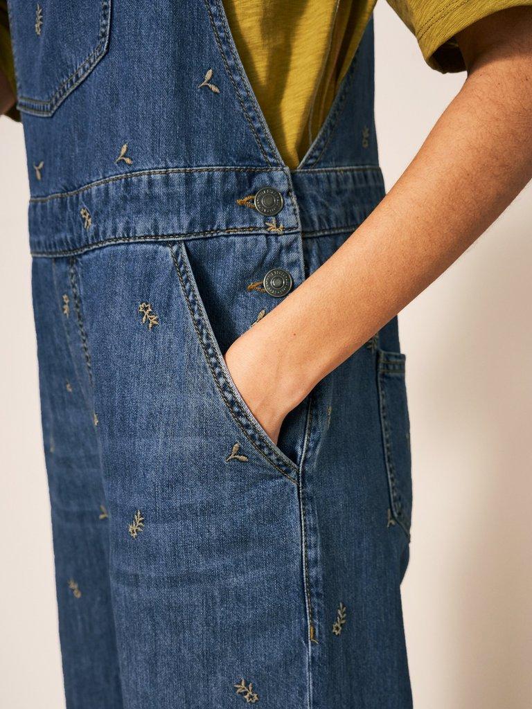Embroidered Crop Dungaree in MID DENIM - MODEL DETAIL