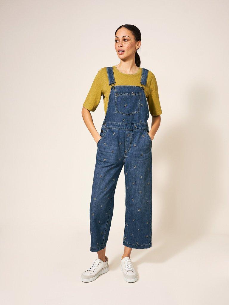 Embroidered Crop Dungaree in MID DENIM - MODEL FRONT