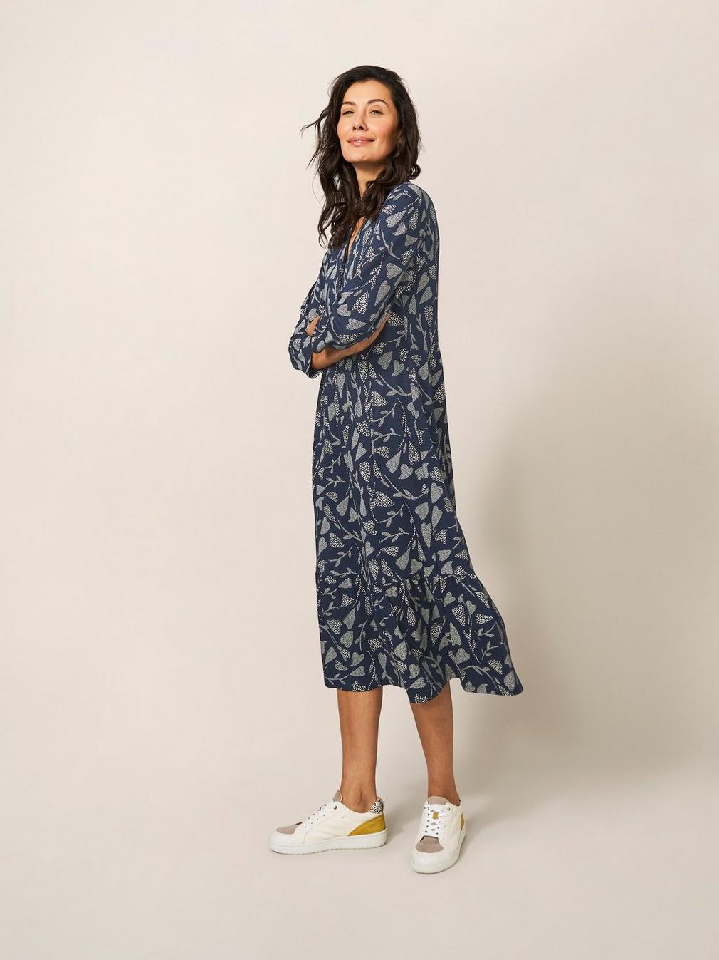 Naya Printed Midi Dress in NAVY MULTI - MODEL FRONT