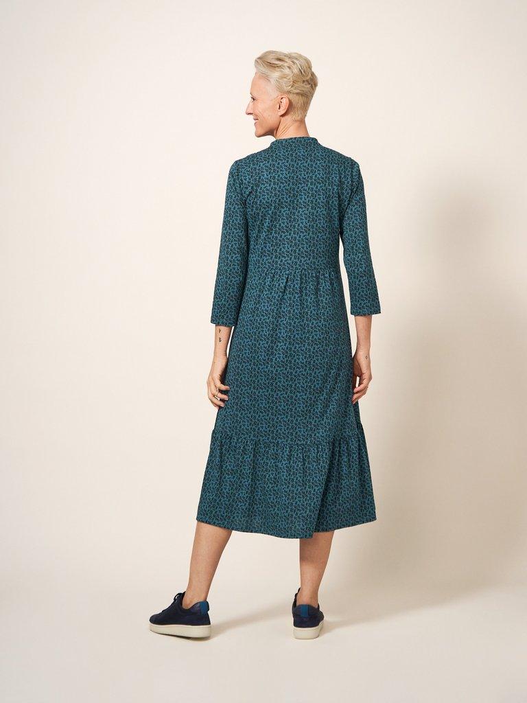 Naya Printed Midi Dress in TEAL MLT - MODEL BACK