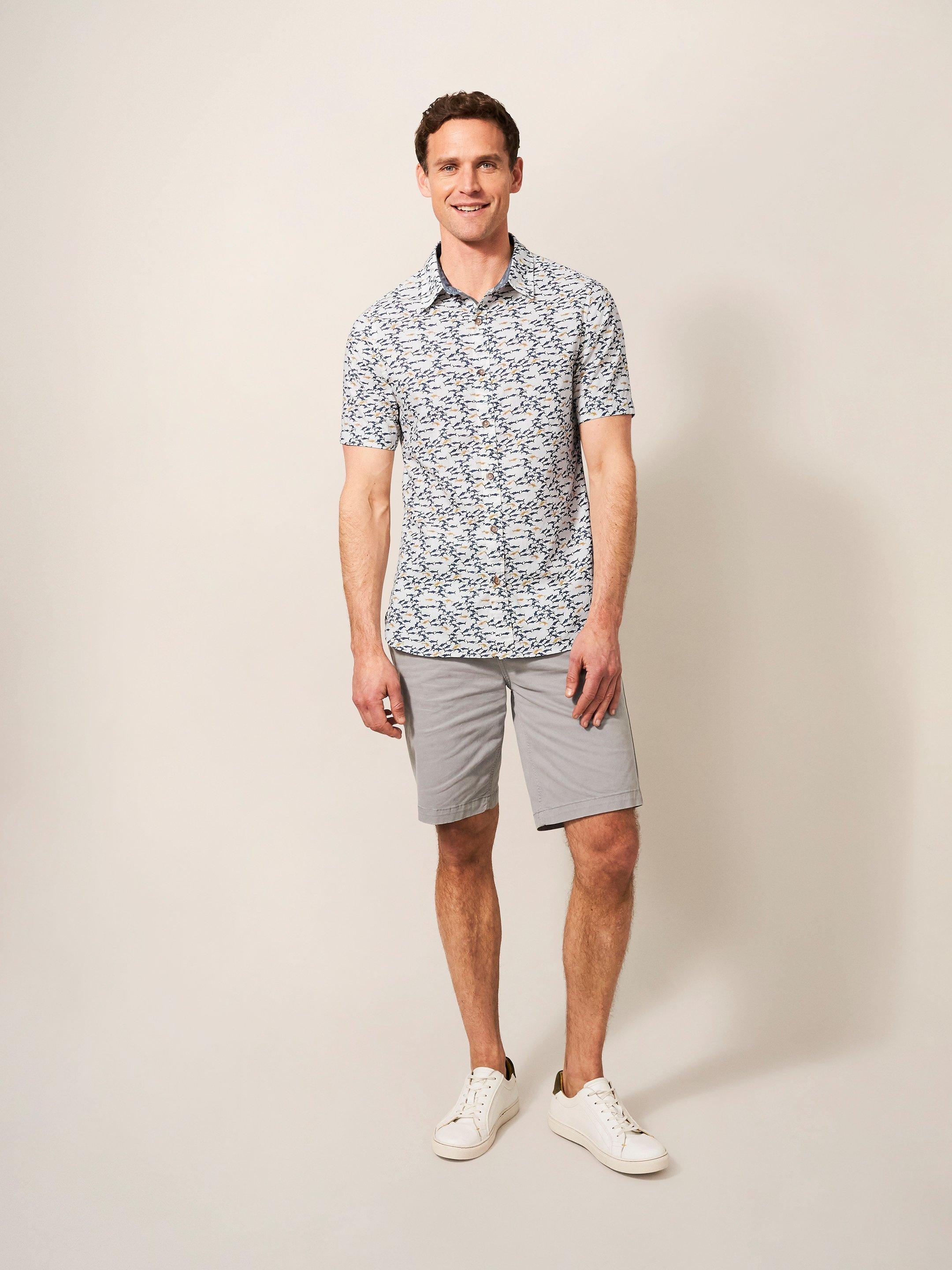 Shark Printed Shirt in WHITE MLT - MODEL FRONT