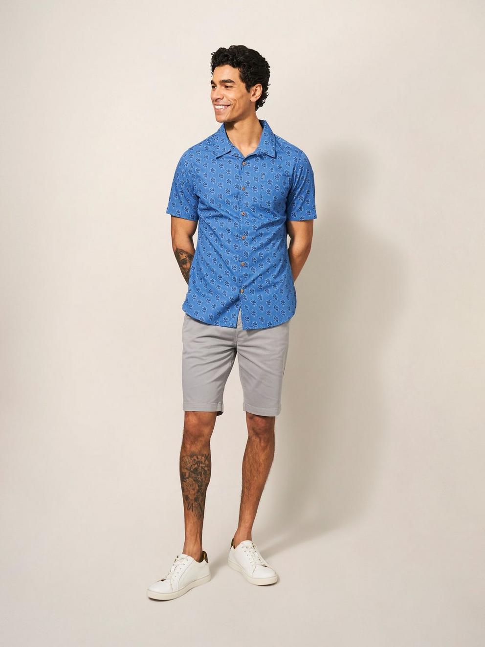 Block Leaf Printed SS Shirt in BRT BLUE - MODEL FRONT