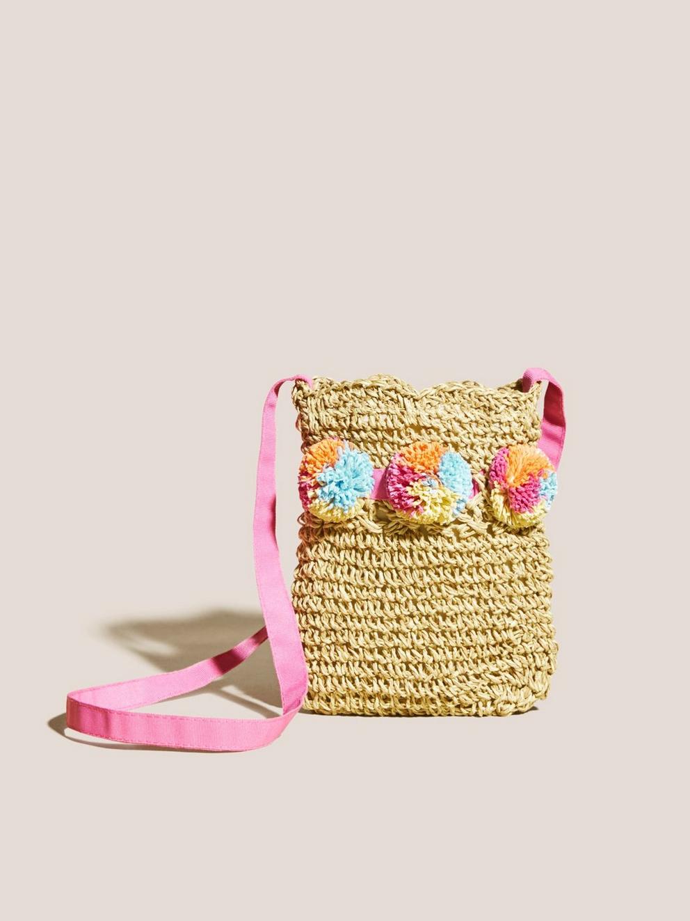 Girls Mini Pom Pom Bag in NAT MLT - MODEL FRONT