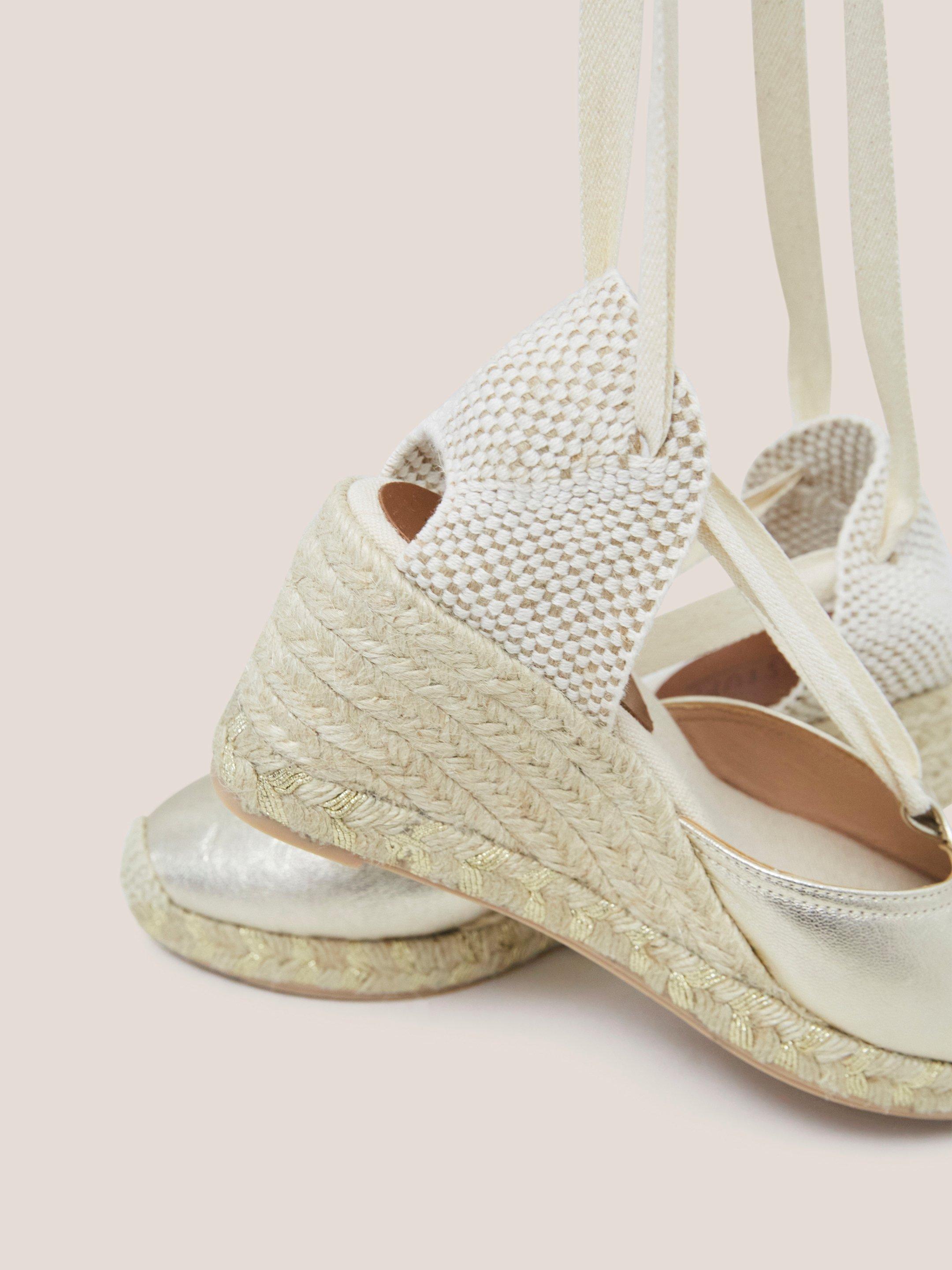 Tie Leather Espadrille Wedge in GLD TN MET - FLAT DETAIL