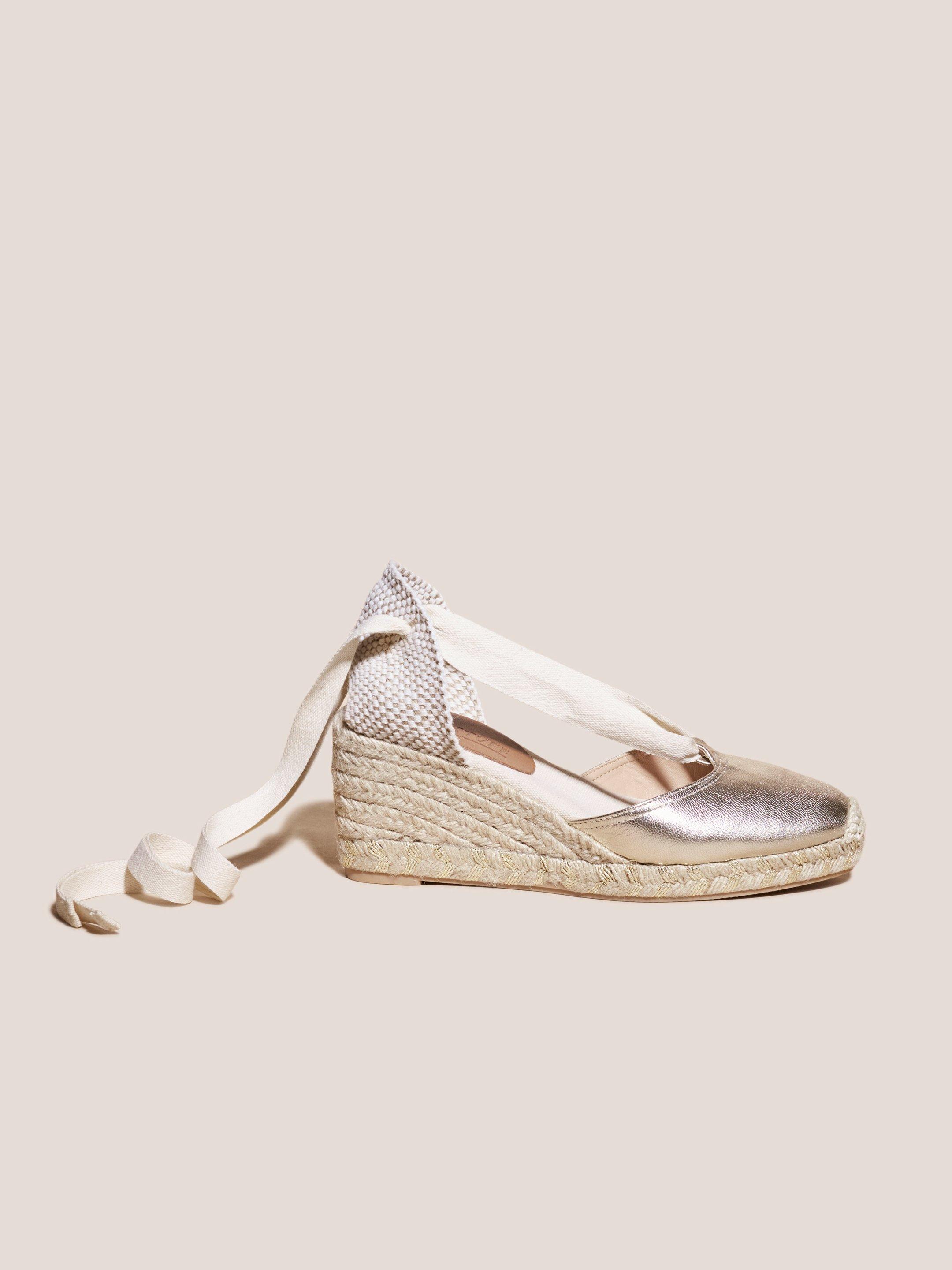 Tie Leather Espadrille Wedge in GLD TN MET - MODEL FRONT