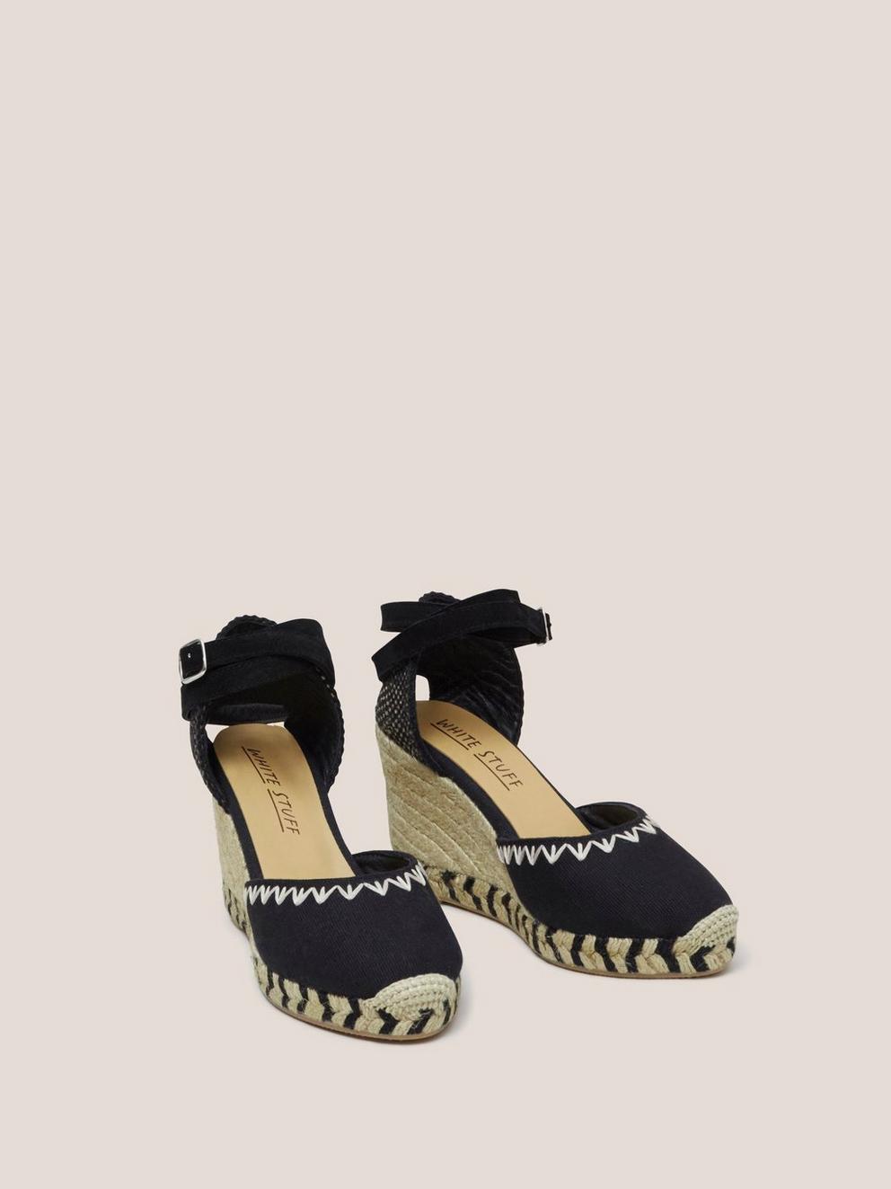 Embroidered Wedge Espadrille in PURE BLK - FLAT FRONT