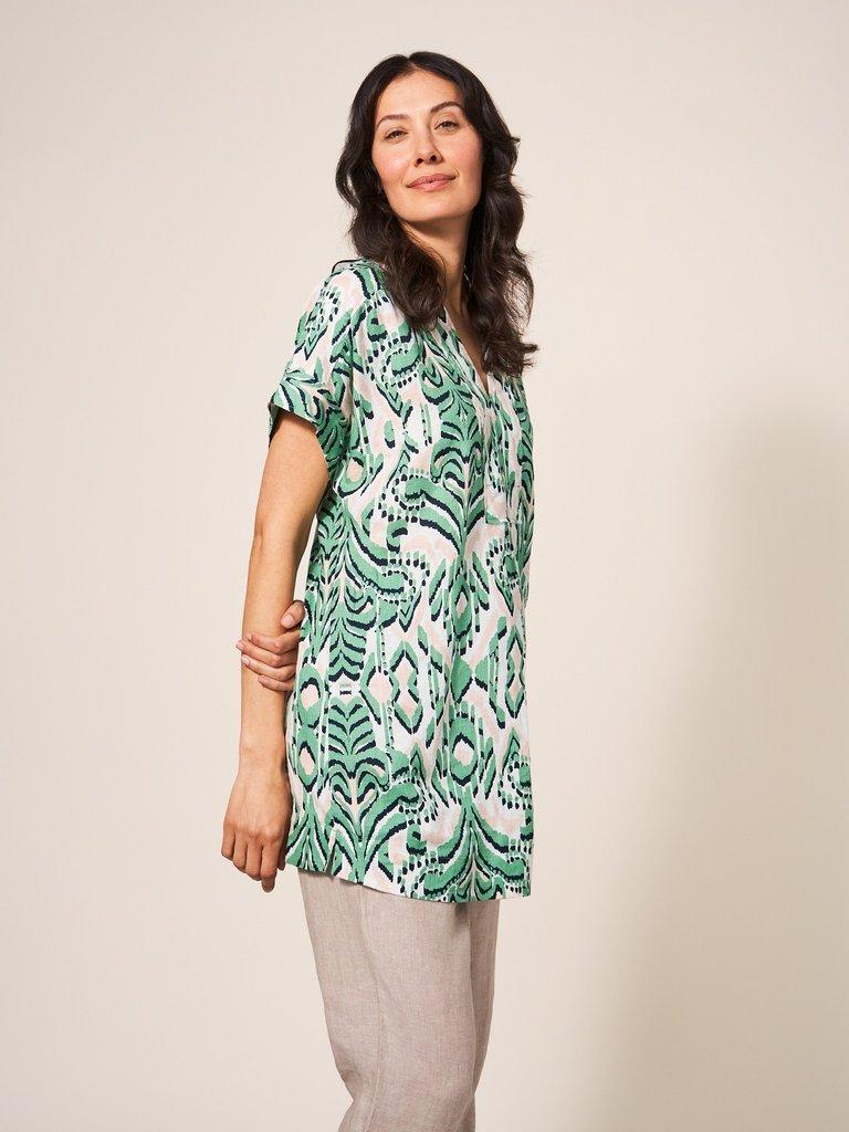 Marianne Linen Tunic Top in GREEN MLT - MODEL BACK