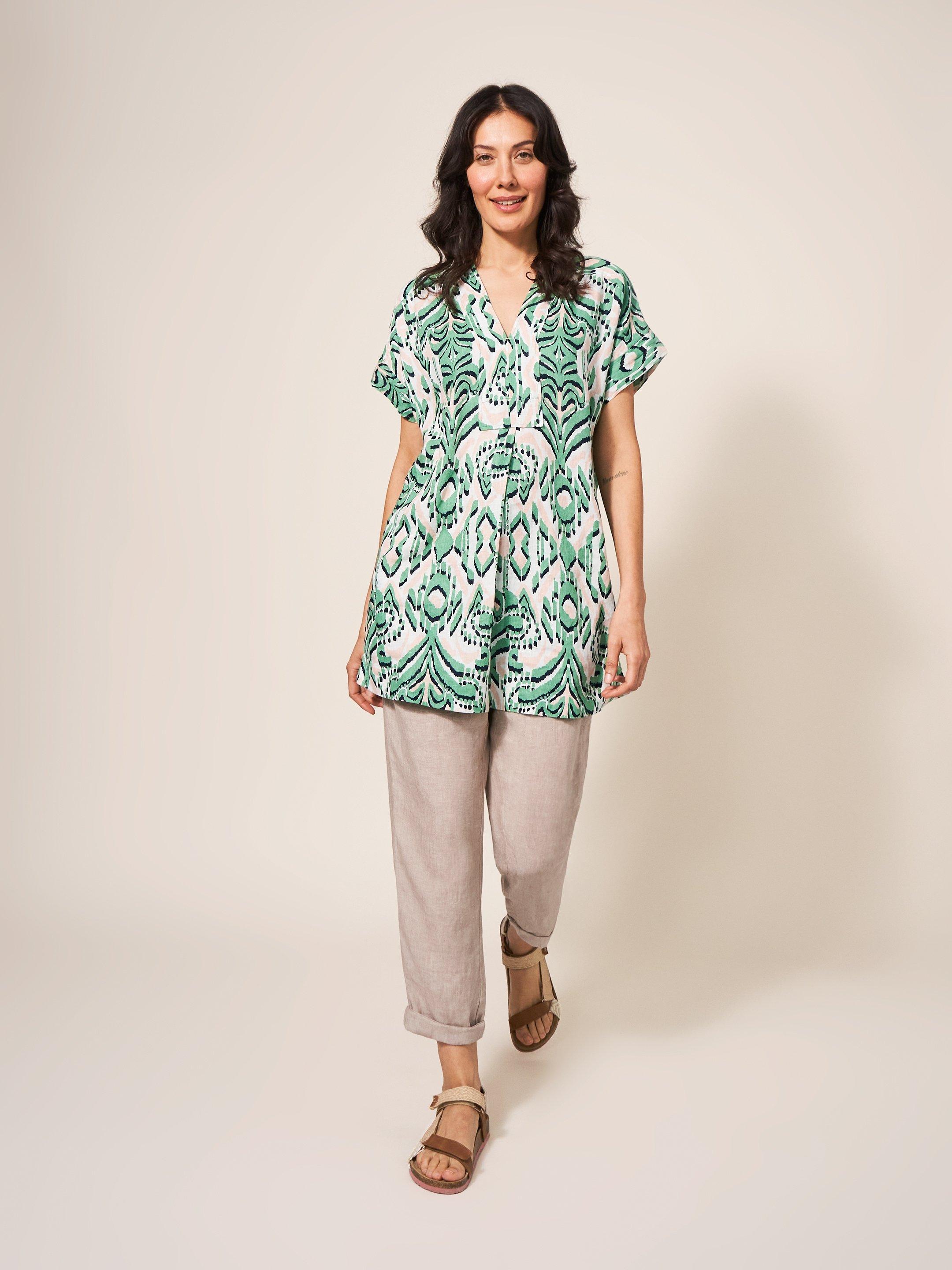 Marianne Linen Tunic Top in GREEN MLT - MODEL FRONT