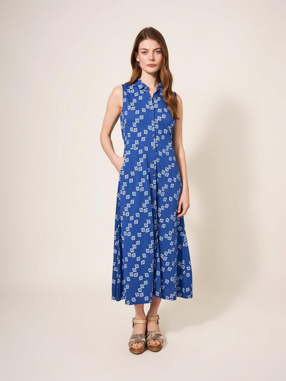 Rua Sleeveless Jersey Dress in NAVY PR - MODEL FRONT