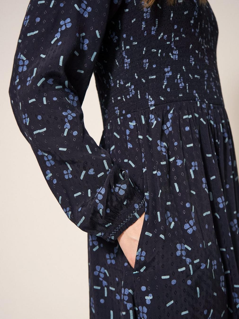 Aneth Eco Vero Shirred Dress in BLK PR - MODEL FRONT