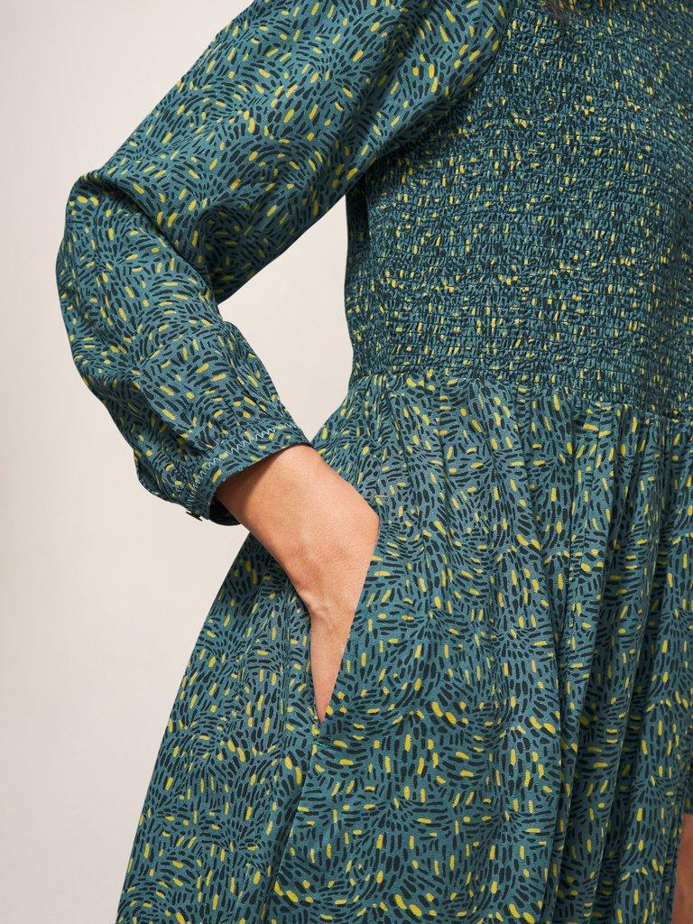 Aneth Eco Vero Shirred Dress in TEAL PR - MODEL DETAIL