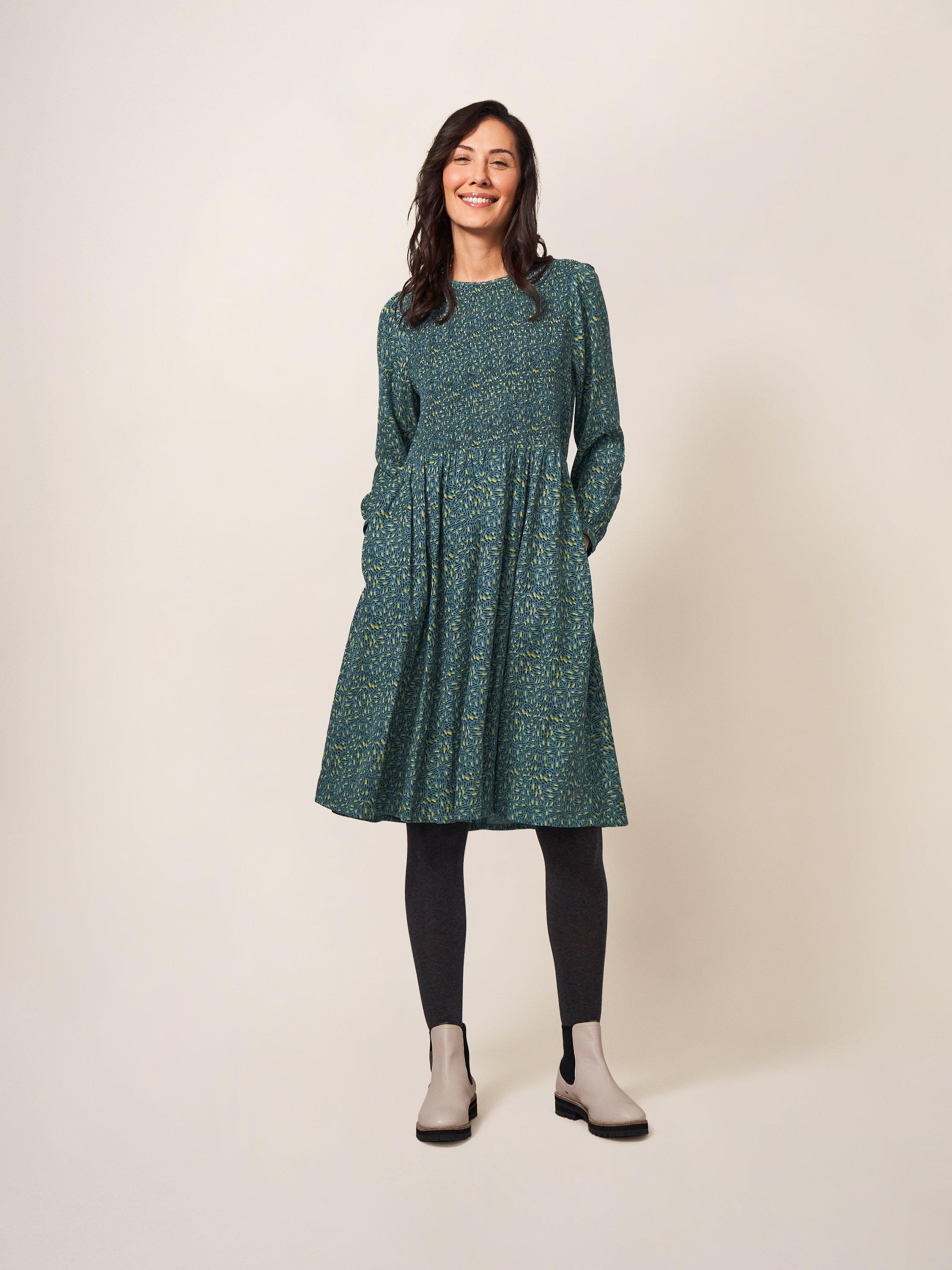 Aneth Eco Vero Shirred Dress in TEAL PR - MODEL FRONT