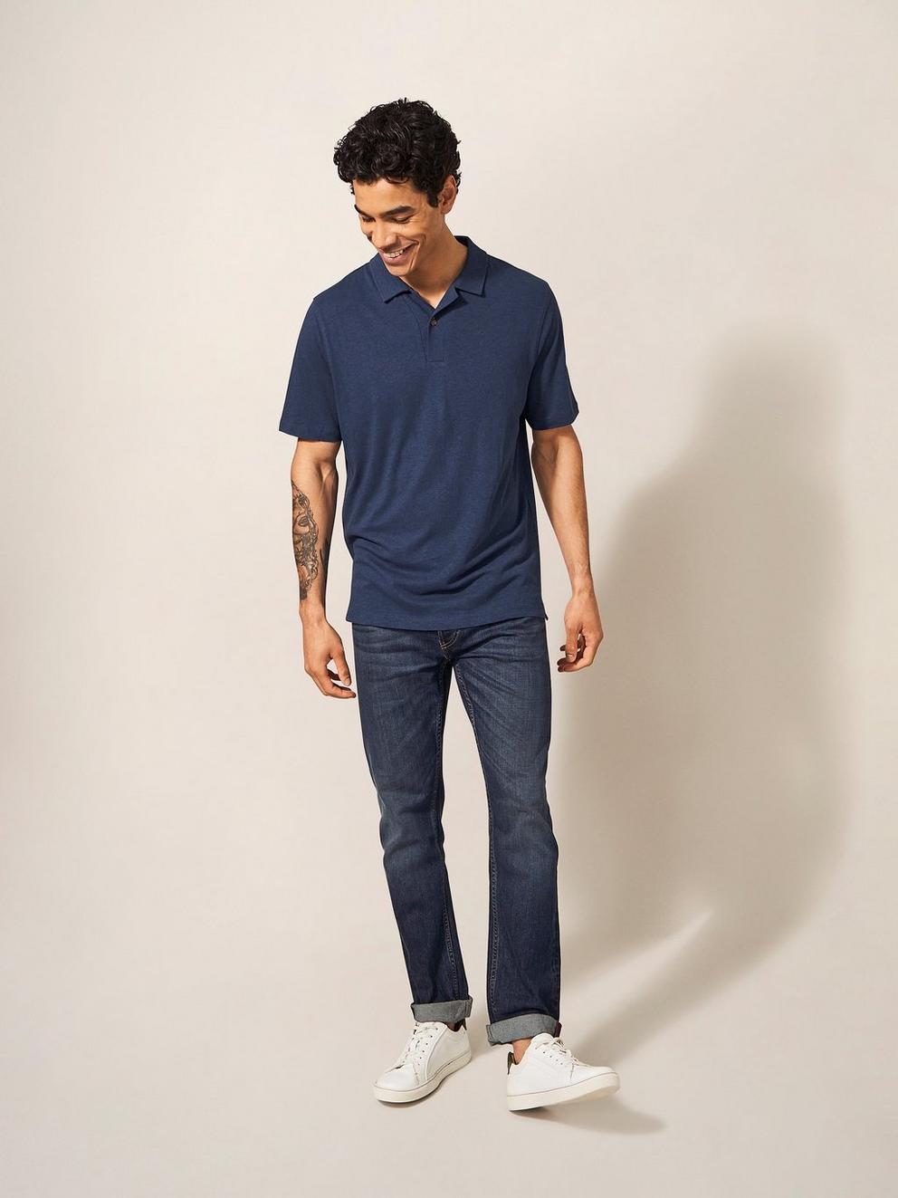 Linen Blend Polo in INDIGO BLE - MODEL FRONT
