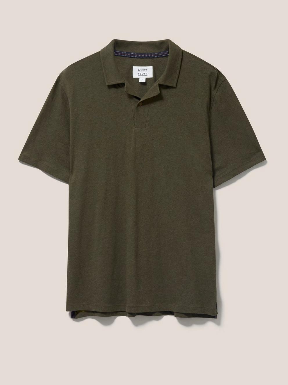 Linen Blend Polo in KHAKI GRN - FLAT FRONT