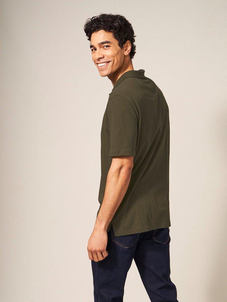 Linen Blend Polo in KHAKI GRN - MODEL BACK