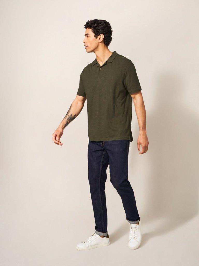 Linen Blend Polo in KHAKI GRN - MODEL FRONT