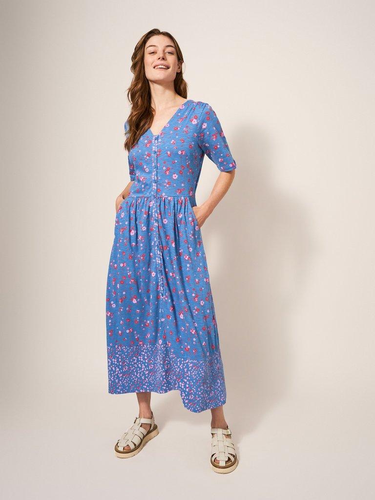 Pearl Midi Jersey Dress in BLUE MLT - MODEL DETAIL