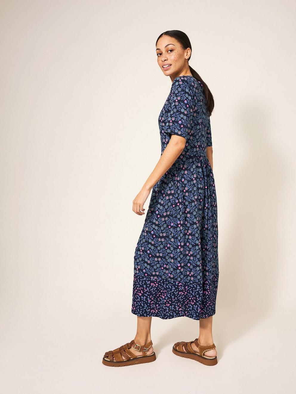 Pearl Midi Jersey Dress in NAVY MULTI - MODEL BACK