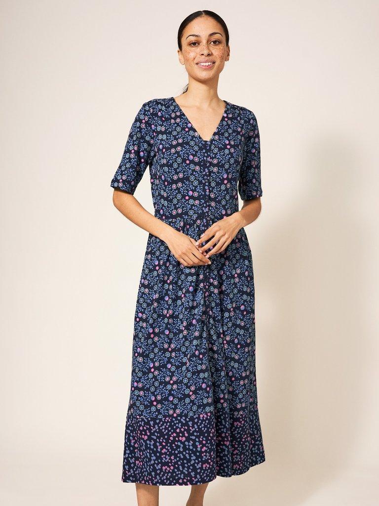 Pearl Midi Jersey Dress in NAVY MULTI - MODEL FRONT