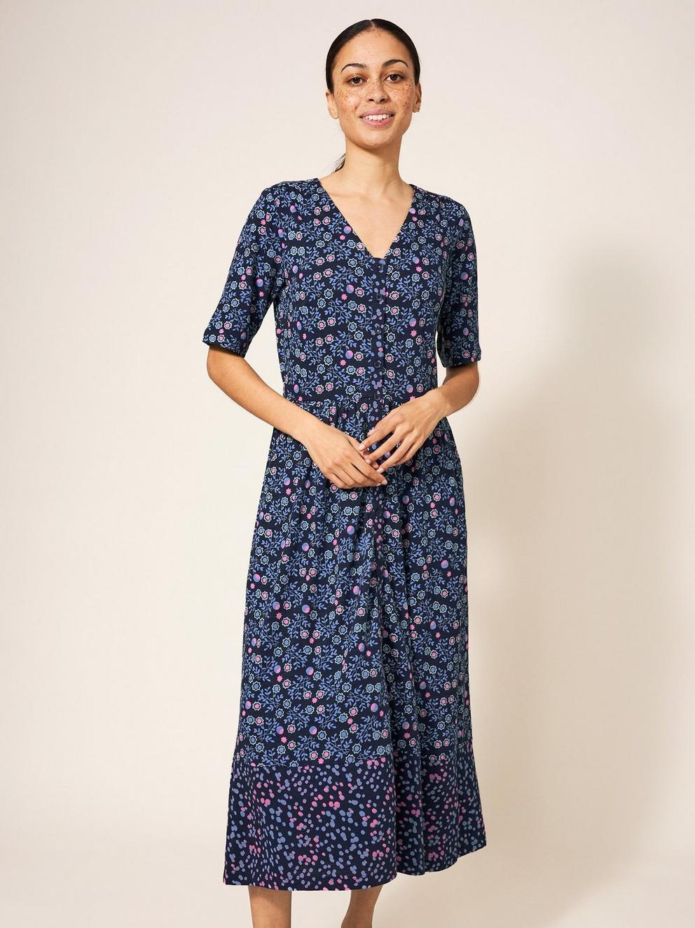 Pearl Midi Jersey Dress in NAVY MULTI - MODEL FRONT