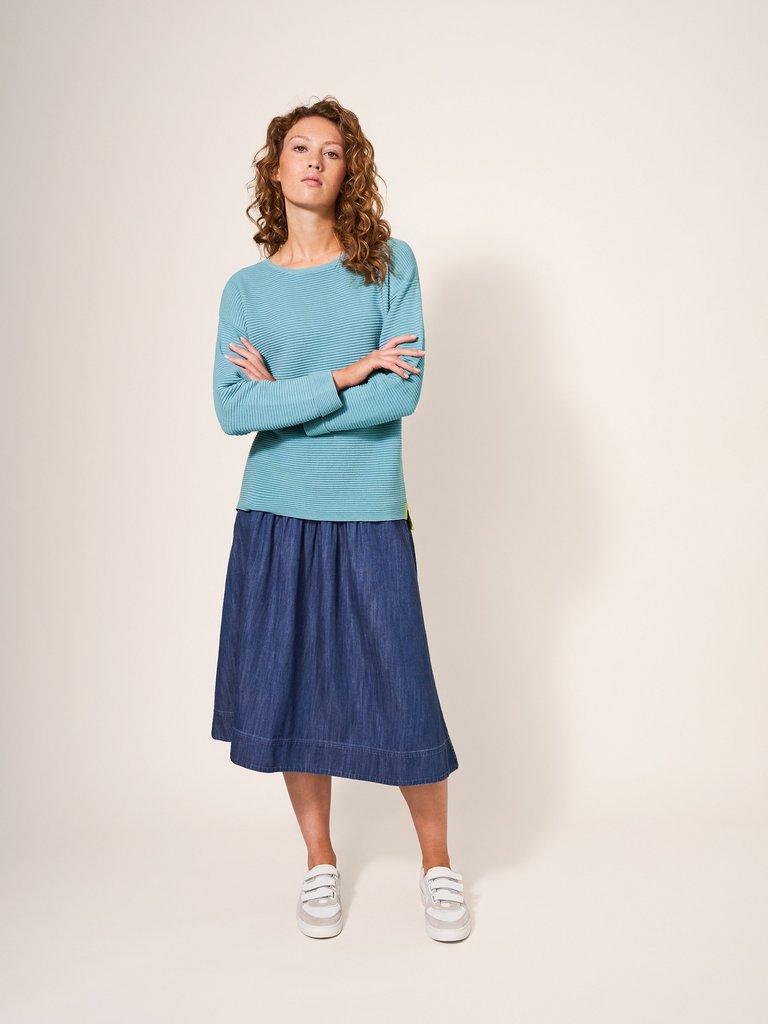 JANA JUMPER in MID TEAL - MODEL FRONT