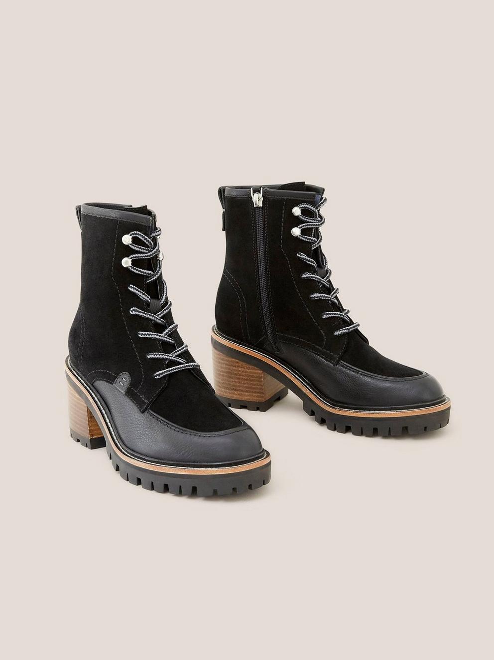 Mid Heel Suede Lace Up Boot in PURE BLK - FLAT FRONT