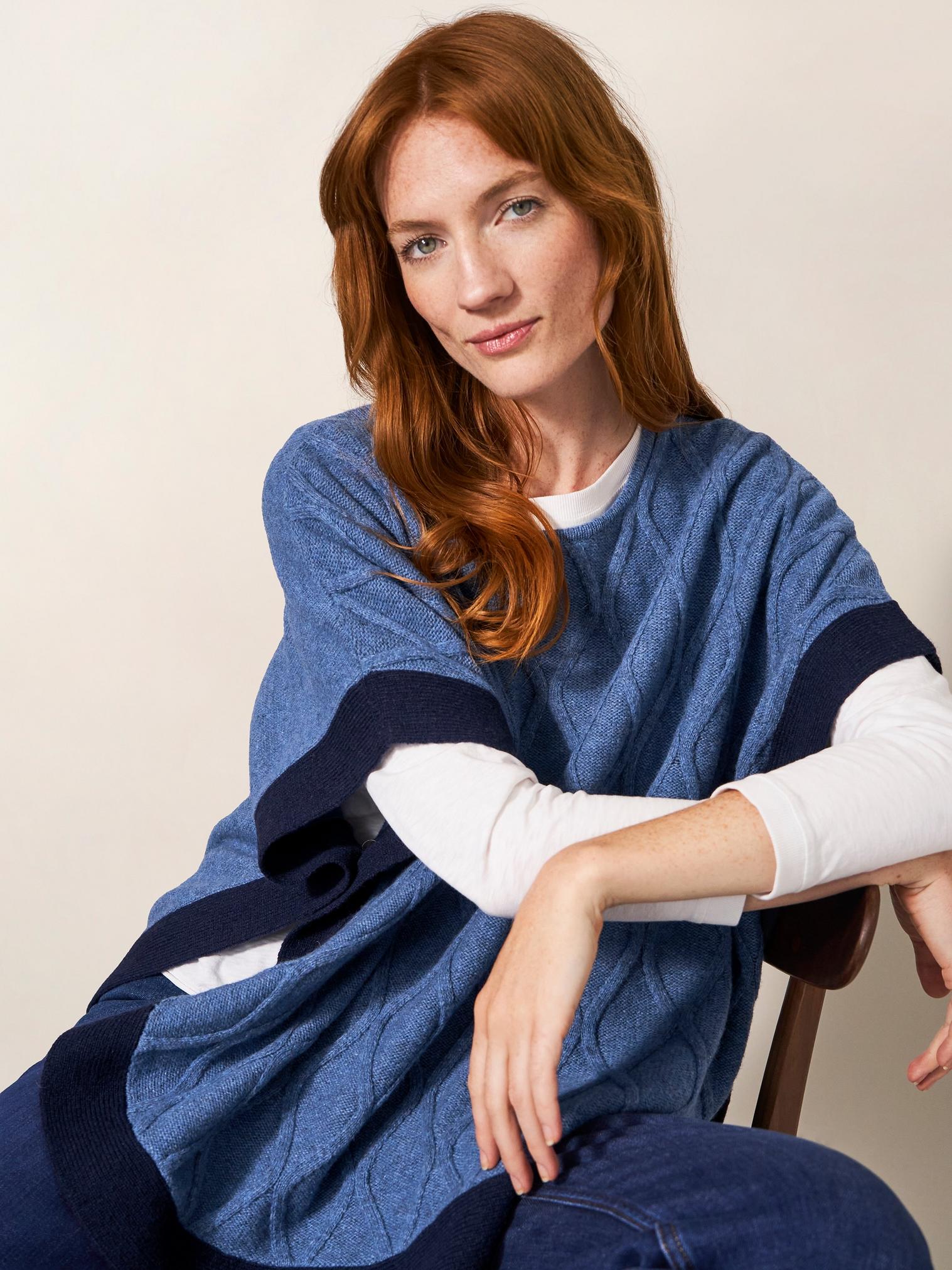 Fern Knitted Casual Poncho in MID BLUE - LIFESTYLE