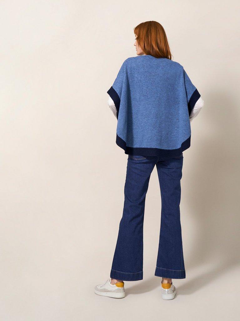 Fern Knitted Casual Poncho in MID BLUE - MODEL BACK