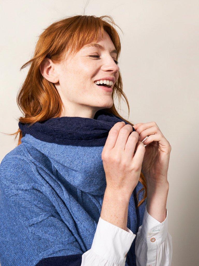 Fern Knitted Casual Poncho in MID BLUE - MODEL DETAIL