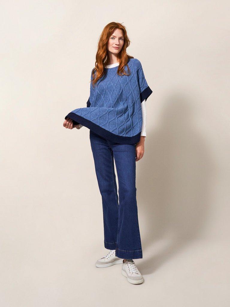 Fern Knitted Casual Poncho in MID BLUE - MODEL FRONT