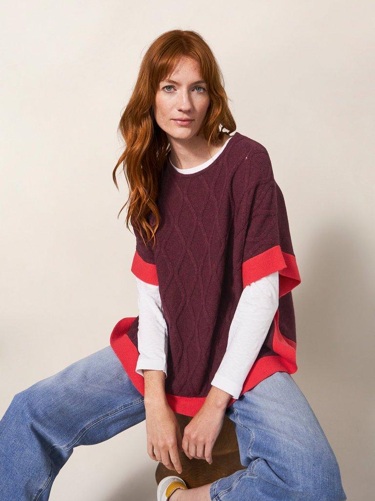 Fern Knitted Casual Poncho in MID PLUM - LIFESTYLE