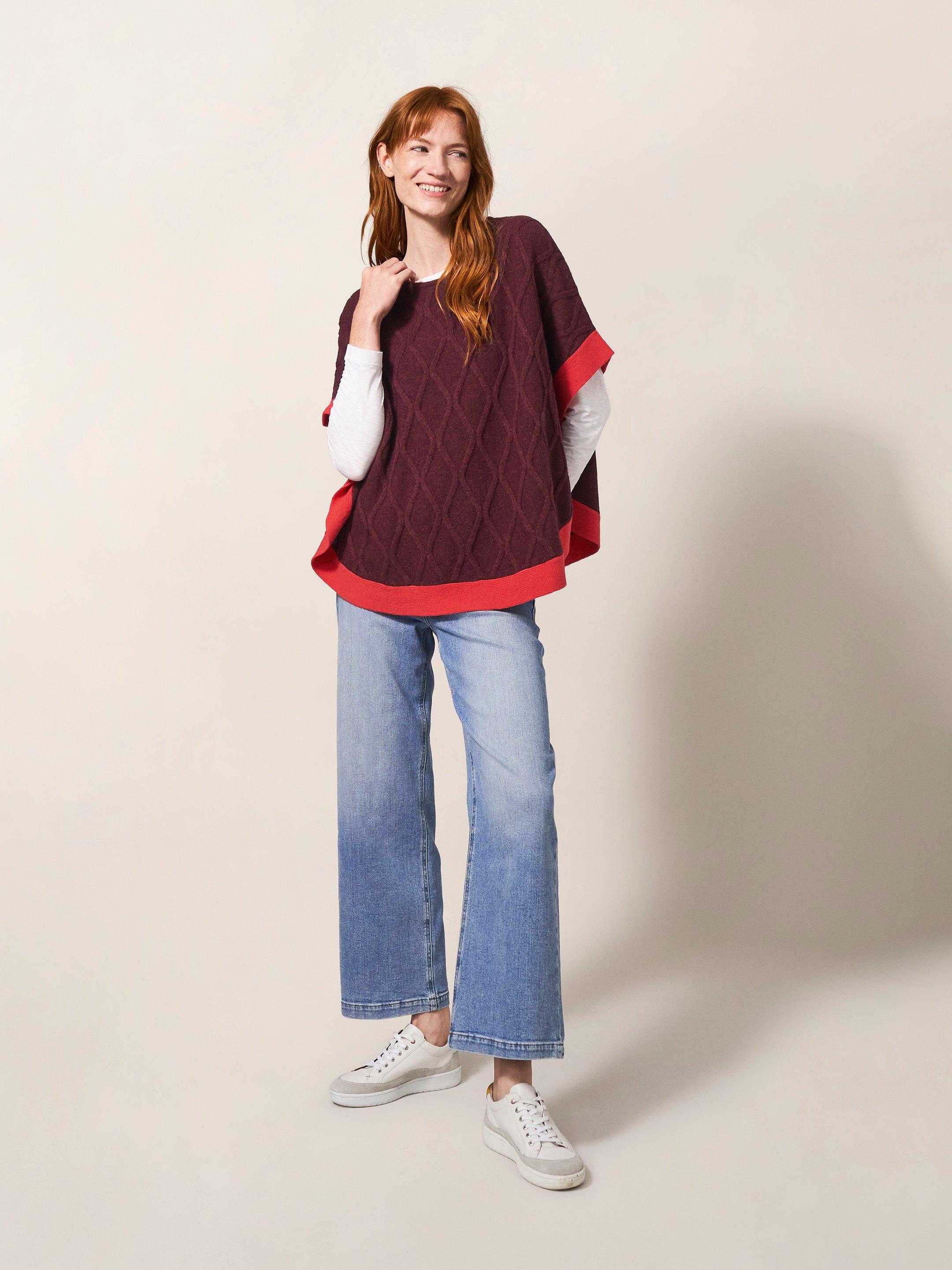 Fern Knitted Casual Poncho in MID PLUM - MODEL FRONT