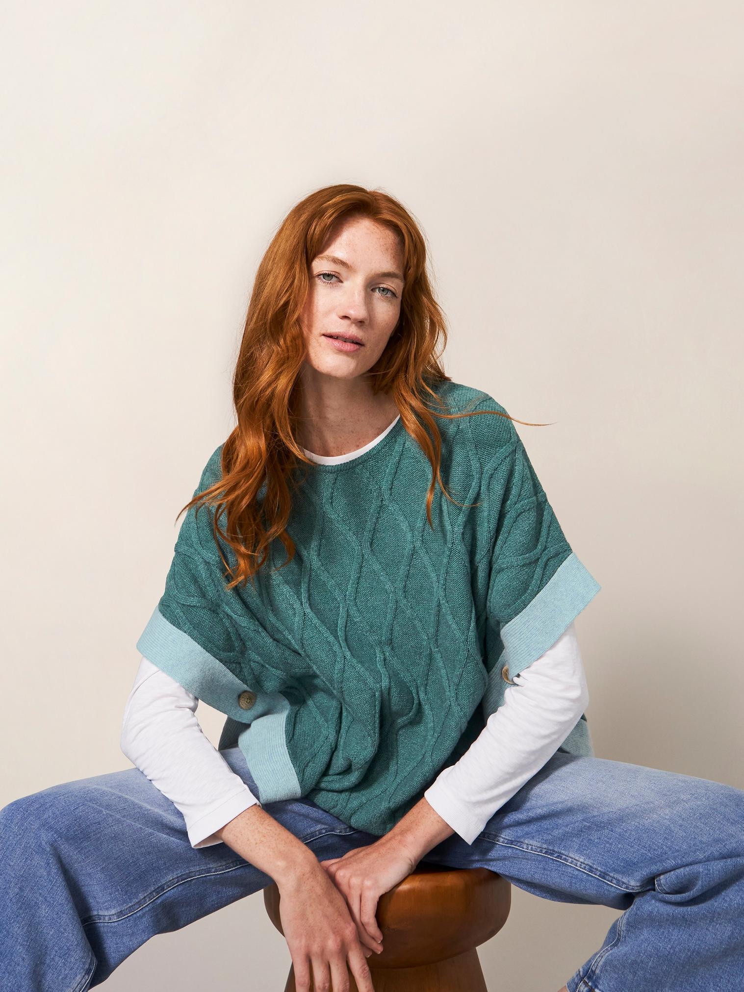 Fern Knitted Casual Poncho in MID TEAL - LIFESTYLE