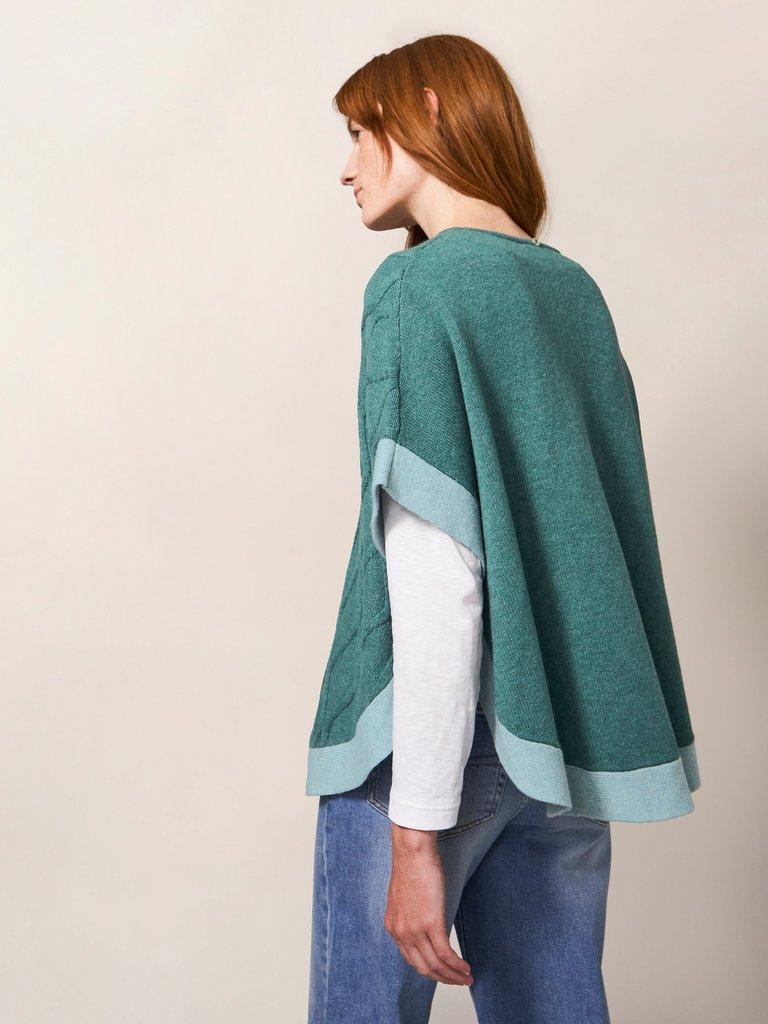 Fern Knitted Casual Poncho in MID TEAL - MODEL BACK